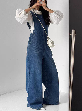 复古风圆领无袖休闲牛仔背带裤女早春季新款宽松百搭阔腿连体长裤