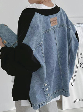 韩国chic秋冬小众百搭圆领拉链式撞色拼接牛仔设计宽松长袖外套女
