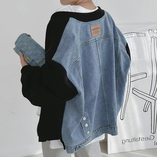 韩国chic秋冬小众百搭圆领拉链式 外套女 撞色拼接牛仔设计宽松长袖