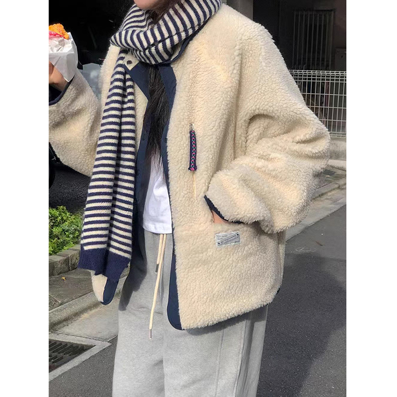 双口袋宽松长袖棉服羊羔毛外套