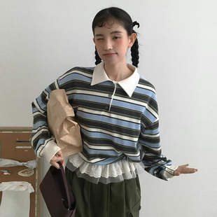 条纹卫衣女 减龄polo领宽松休闲花边拼接设计长袖 韩国chic秋季 法式