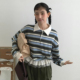 减龄polo领宽松休闲花边拼接设计长袖 韩国chic秋季 法式 条纹卫衣女