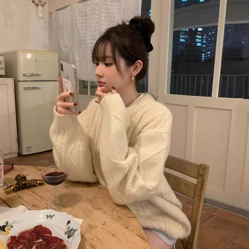 温柔风小众麻花纹百搭针织衫毛衣