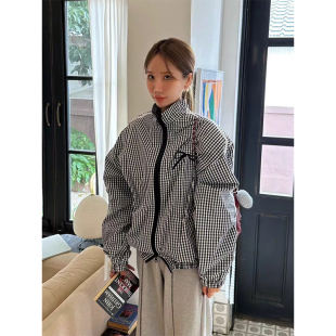韩国chic春季小众复古立领拉链拼接条纹蝴蝶结印花休闲短外套女