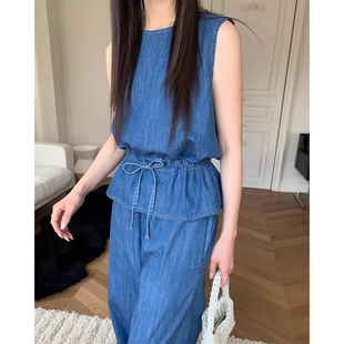 两件套 良良家高级感抽绳无袖 牛仔背心女夏季 新款 复古高腰直筒长裤