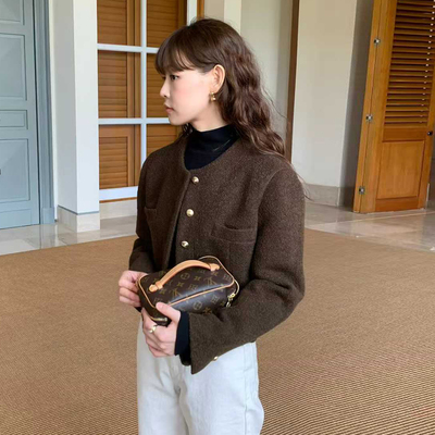 复古别致单排扣长袖呢子短外套