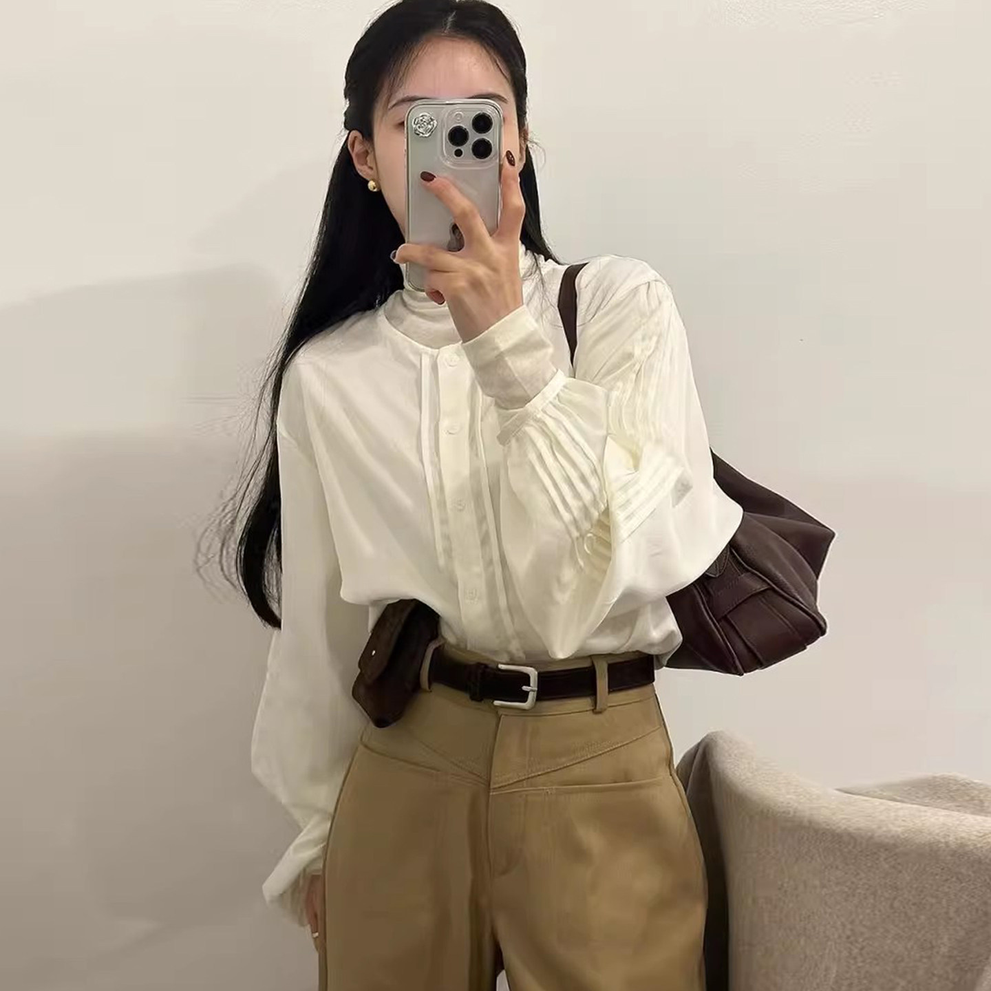 设计感皱褶圆领单排扣防晒长袖衬衫女早春新款宽松百搭打底衫上衣,女装/女士精品,衬衫,淘宝优惠券,粉丝福利购,淘宝优惠卷