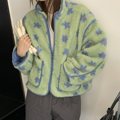 撞色碎花摇粒绒羊羔毛棉服外套