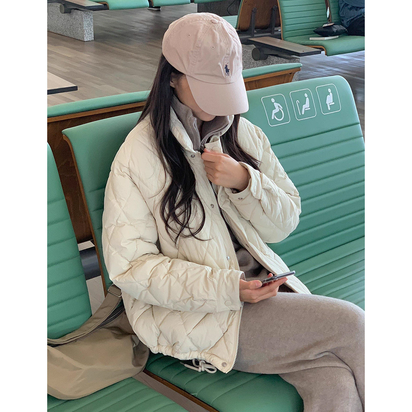 菱形格纹小个子长袖棉服外套