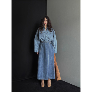 高腰不规则牛仔半身裙套装 衬衫 休闲百搭单排扣长袖 韩国chic秋季