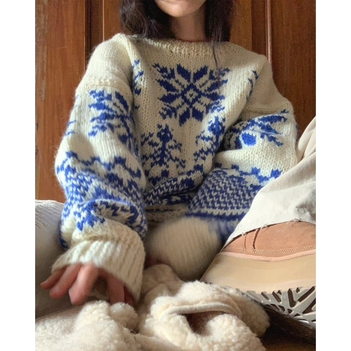 慵懒风雪花撞色提花厚实针织毛衣女2025冬季新款百搭宽松长袖上衣,女装/女士精品,毛衣,淘宝优惠券,粉丝福利购,淘宝优惠卷