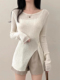 防晒针织衫 女 韩国chic夏季 开叉长袖 法式 气质圆领系扣收腰显瘦薄款