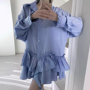 设计感条纹翻领不规则裙摆长袖连衣裙女早春季新款宽松百搭衬衫裙