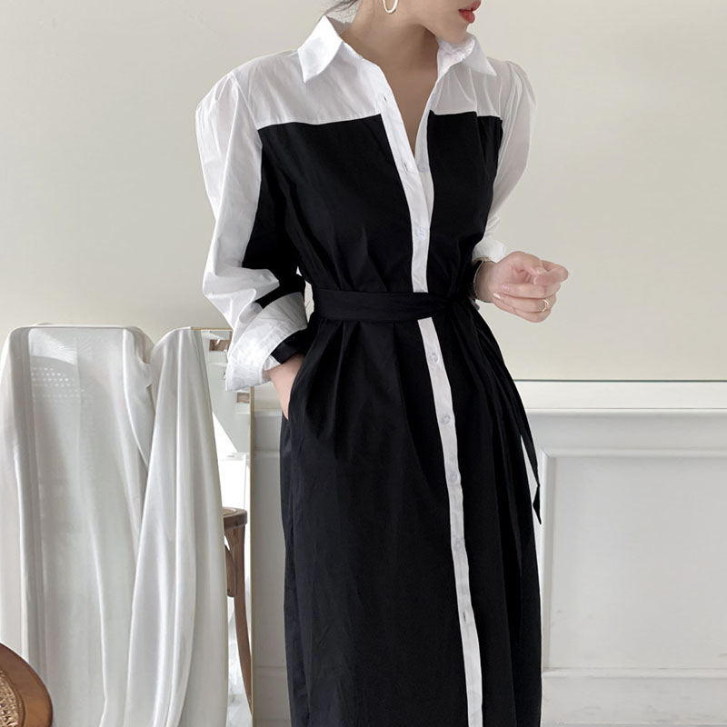 chic风翻领单排扣设计长袖连衣裙