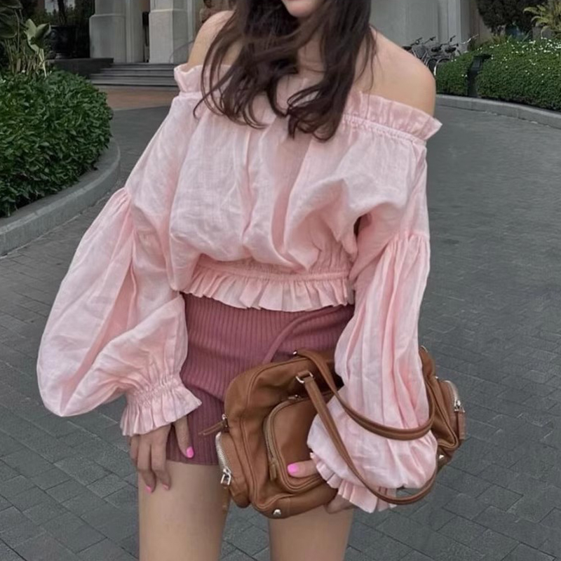 甜美风一字领拼接木耳边露肩衬衫