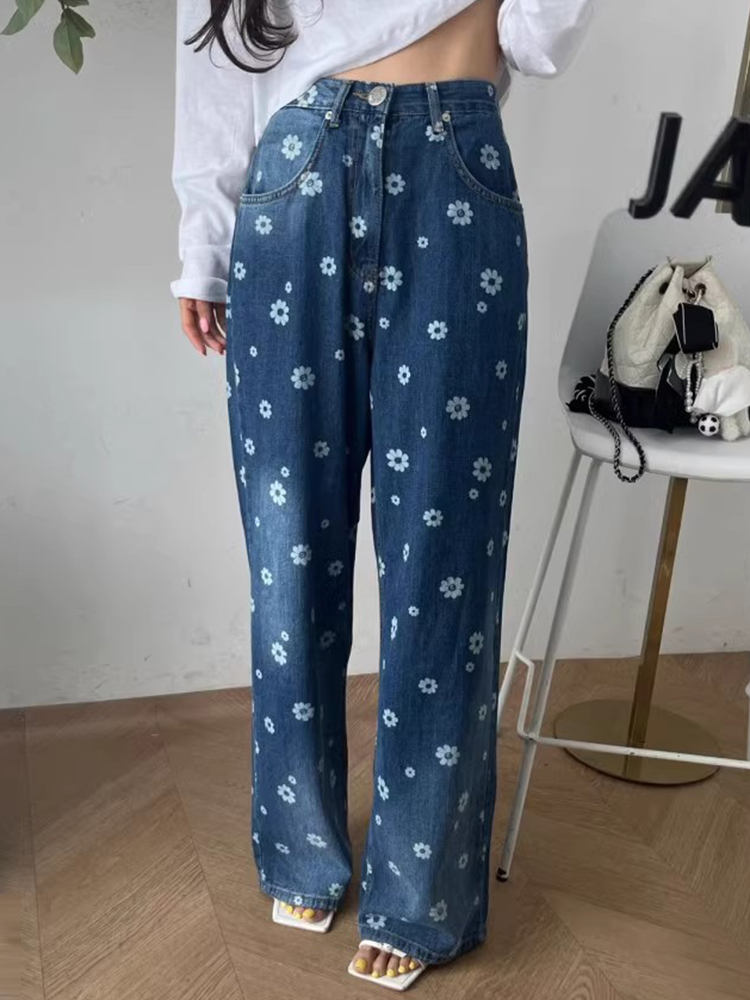 小雏菊印花高腰显瘦百搭牛仔裤