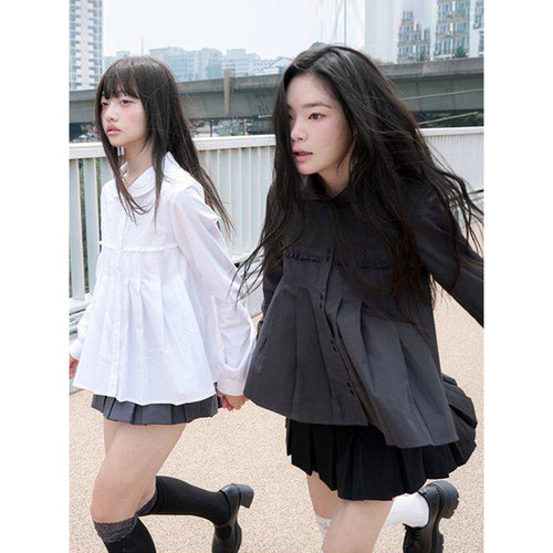 韩系木耳边褶皱百褶长袖衬衫女