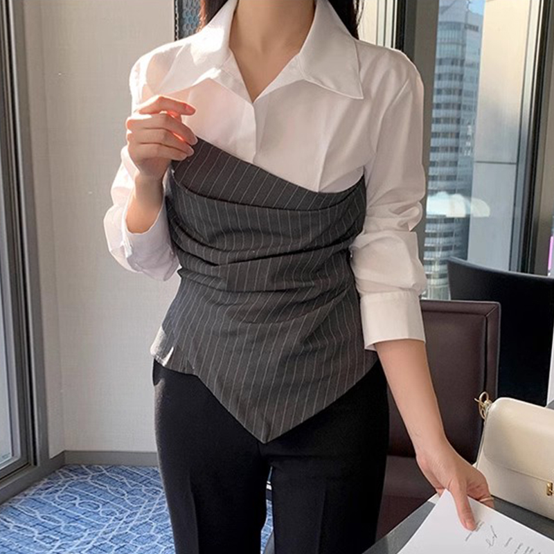 拼接假两件不规则长袖衬衫上衣女