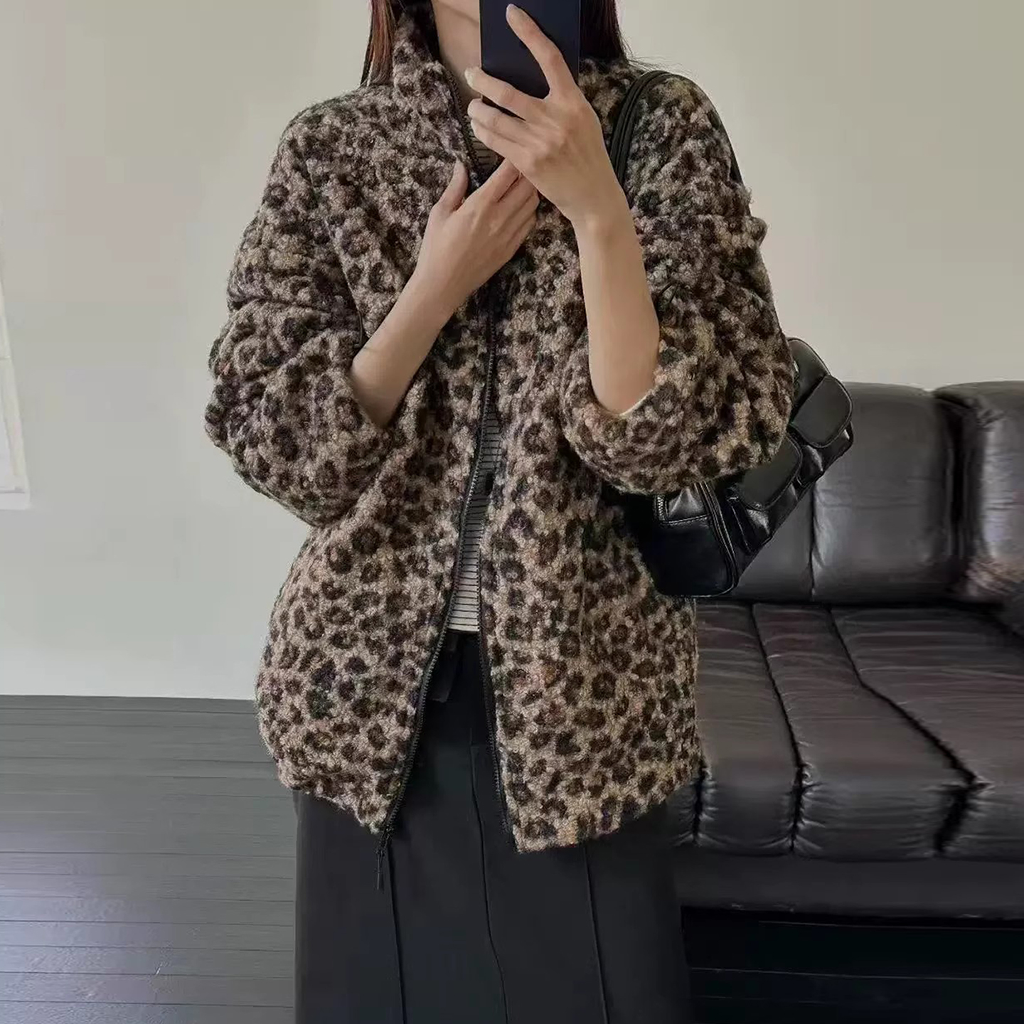 复古个性豹纹提花羊羔绒短外套