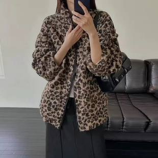 新款 外套女2025冬季 加厚保暖棉服上衣 豹纹提花羊羔绒开衫 复古个性