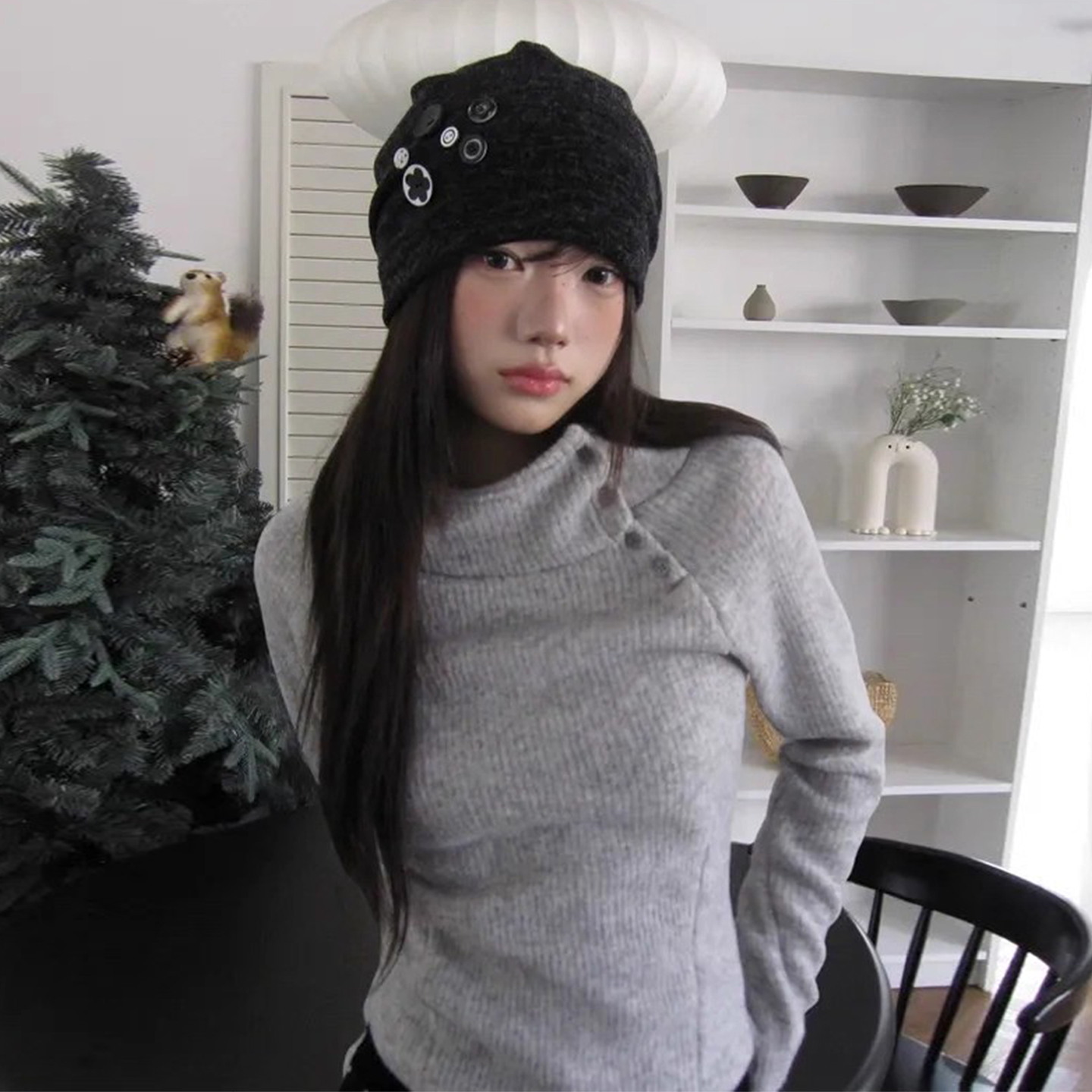 设计感不规则斜扣华夫格连帽卫衣