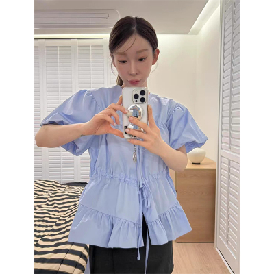 甜美温柔抽绳系带泡泡袖衬衫女