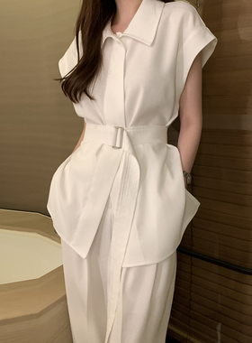 时尚套装女法式气质系带收腰白色衬衫夏季高腰阔腿休闲裤两件套