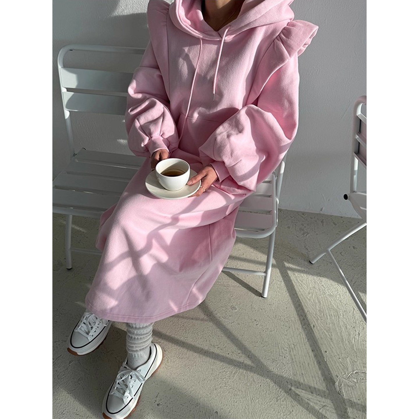 设计感拼接荷叶边连帽卫衣连衣裙