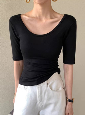韩国chic夏季新款小众设计感大U领露背修身显瘦五分袖T恤上衣女