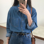 女 牛仔衬衫 韩国chic春季 复古百搭翻领撞色明线设计双口袋宽松长袖