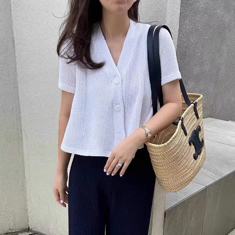 法式洋气单排扣短袖针织衫