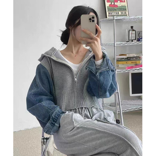 连帽毛衣外套女 复古设计感撞色拼接针织牛仔长袖 韩国chic秋季 新款
