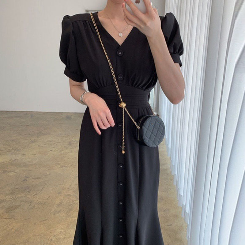 收腰显瘦泡泡袖过膝长款连衣裙女