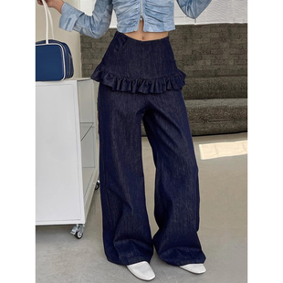 韩国chic春季 女 复古减龄高腰百搭花边裙摆设计假两件直筒牛仔长裤