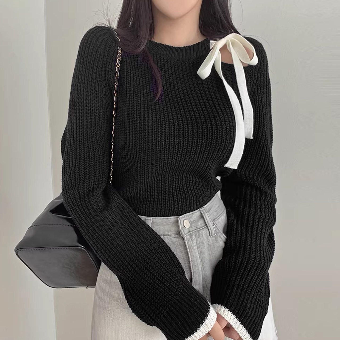 设计感领口系带蝴蝶结露肩长袖针织衫女早春新款宽松百搭套头毛衣,女装/女士精品,毛针织衫,淘宝优惠券,粉丝福利购,淘宝优惠卷