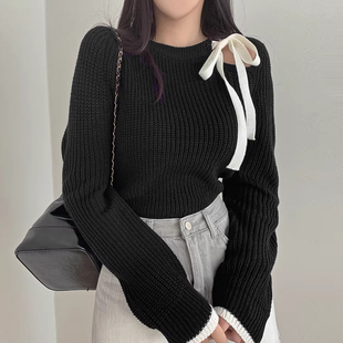 设计感领口系带蝴蝶结露肩长袖针织衫女早春新款宽松百搭套头毛衣