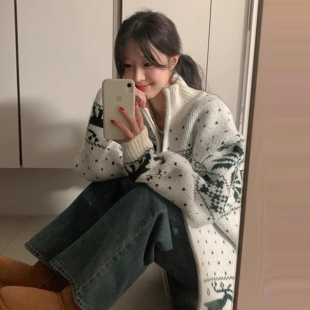 韩国chic秋冬法式 针织毛衣外套女 慵懒风立领撞色提花点缀宽松长袖