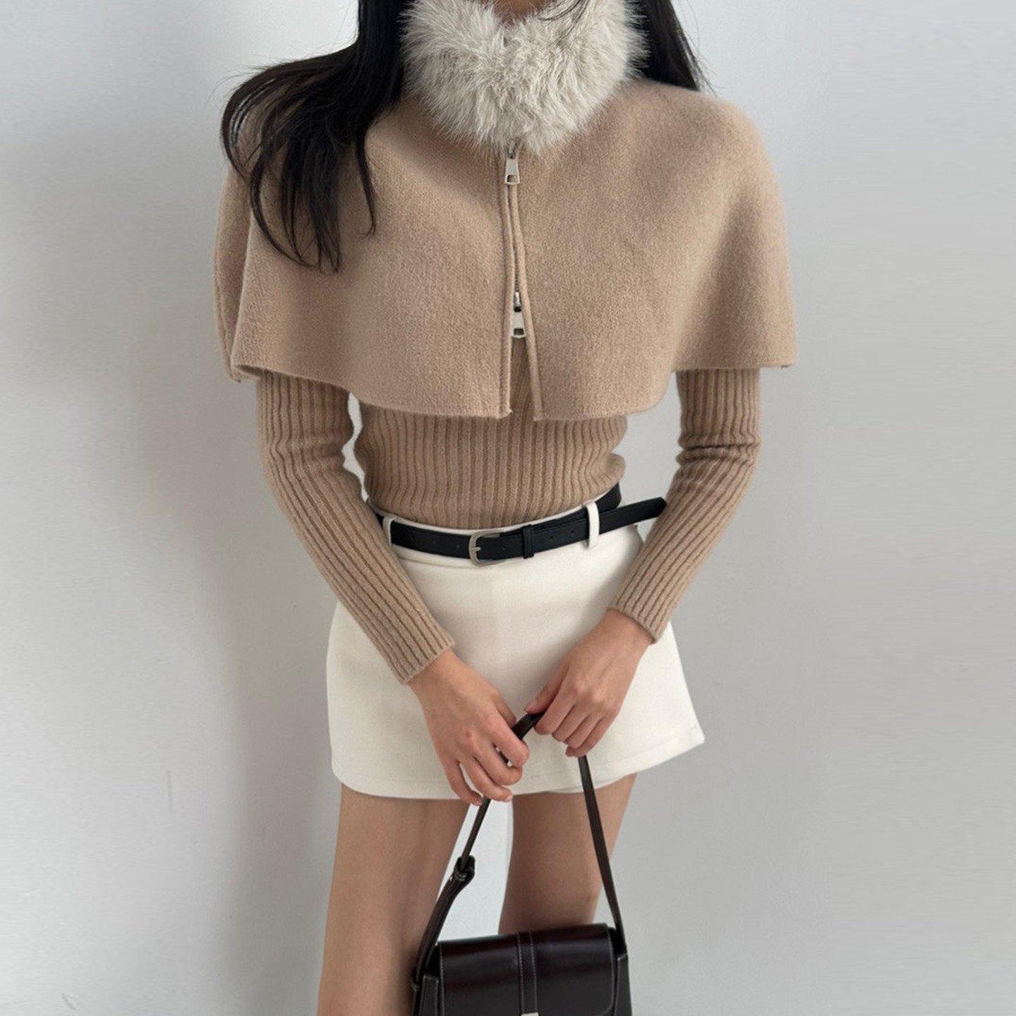 高级感修身显瘦打底毛衣女秋冬季针织斗篷型披肩外套配毛领三件套,女装/女士精品,时尚套装,淘宝优惠券,粉丝福利购,淘宝优惠卷