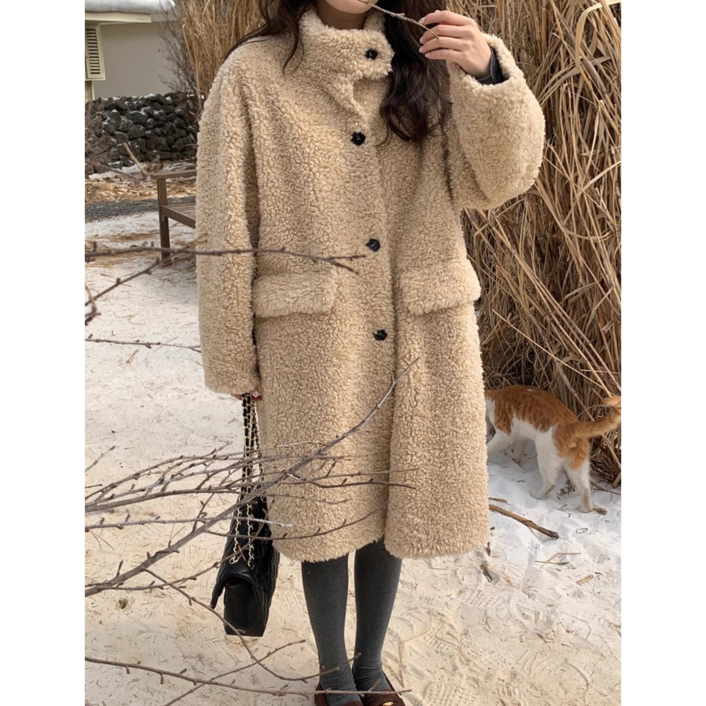 复古单排扣纯色羊羔毛大衣外套