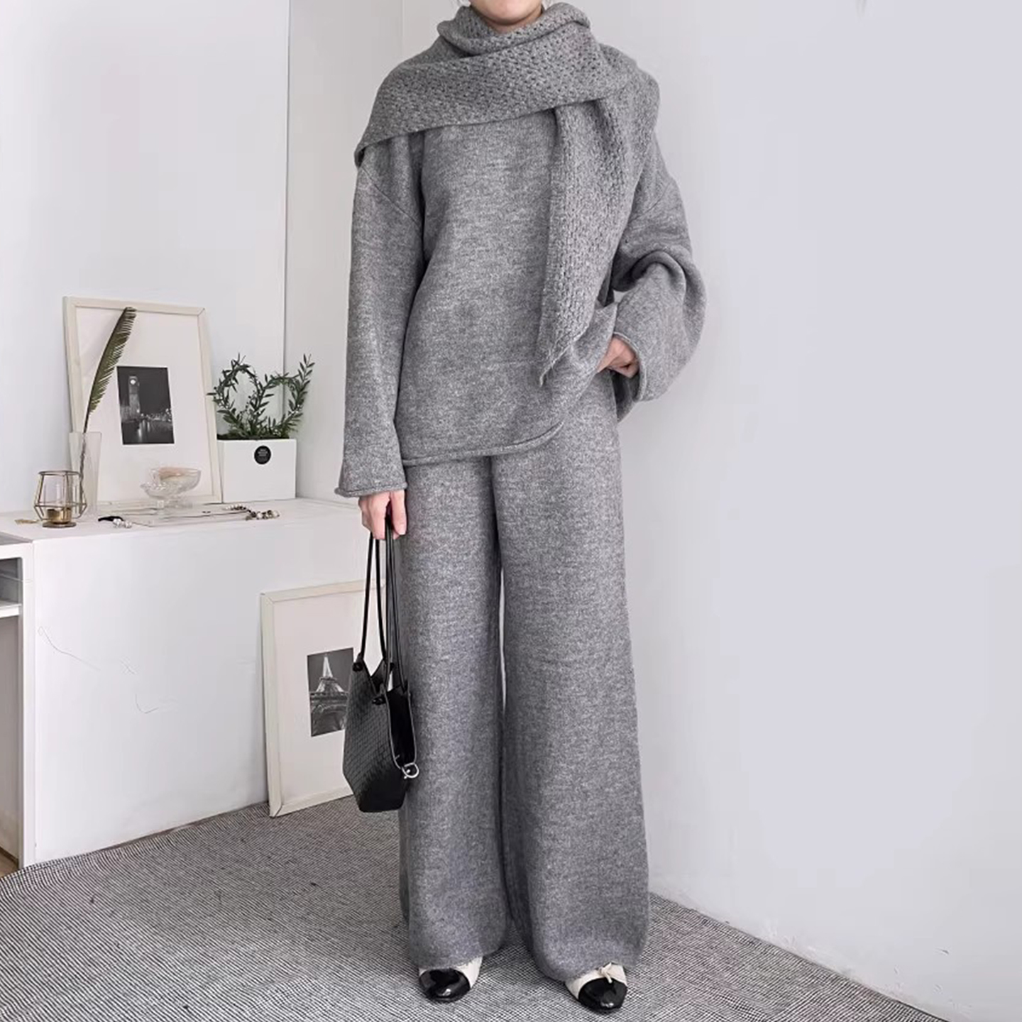针织衫毛衣休闲长裤纯色披肩套装