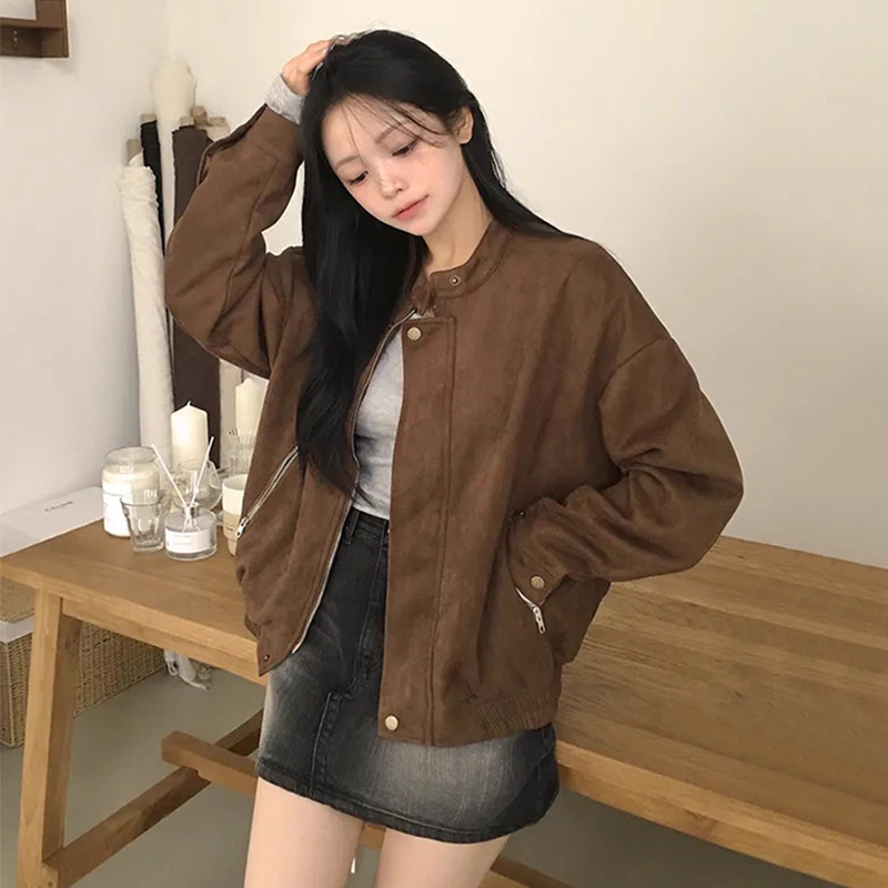 百搭长袖拉链鹿皮绒夹克外套