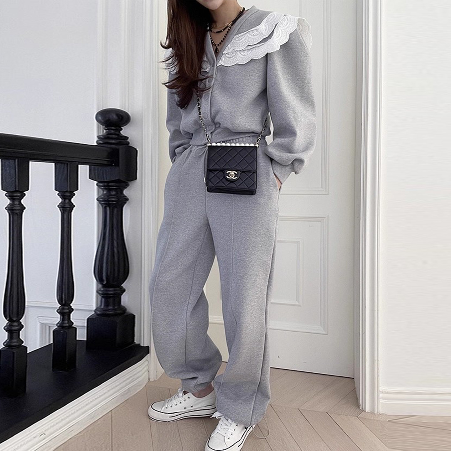 设计感拼接蕾丝花边短款卫衣外套女秋冬季高腰休闲裤长裤运动套装,女装/女士精品,时尚套装,淘宝优惠券,粉丝福利购,淘宝优惠卷