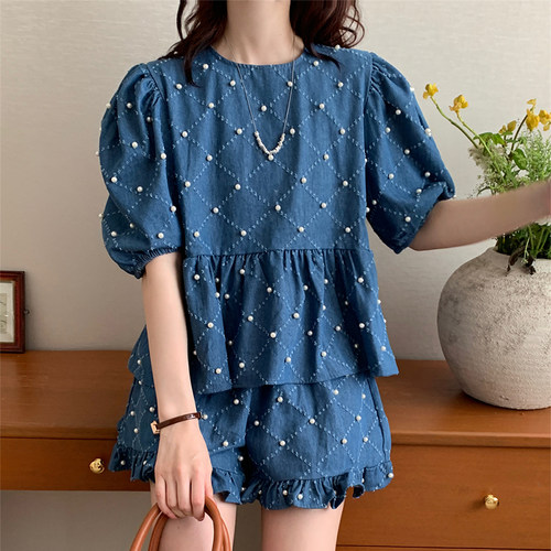 chic钉珠泡泡袖衬衫+高腰短裤女