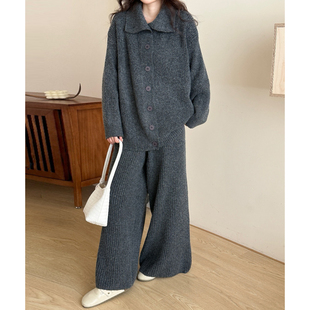 时尚套装软糯针织开衫毛衣外套女2025秋季新款高腰坑条休闲长裤子