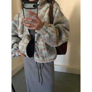 良良家复古格纹两面穿羊羔毛棉服外套女冬季新款加厚保暖短款棉衣
