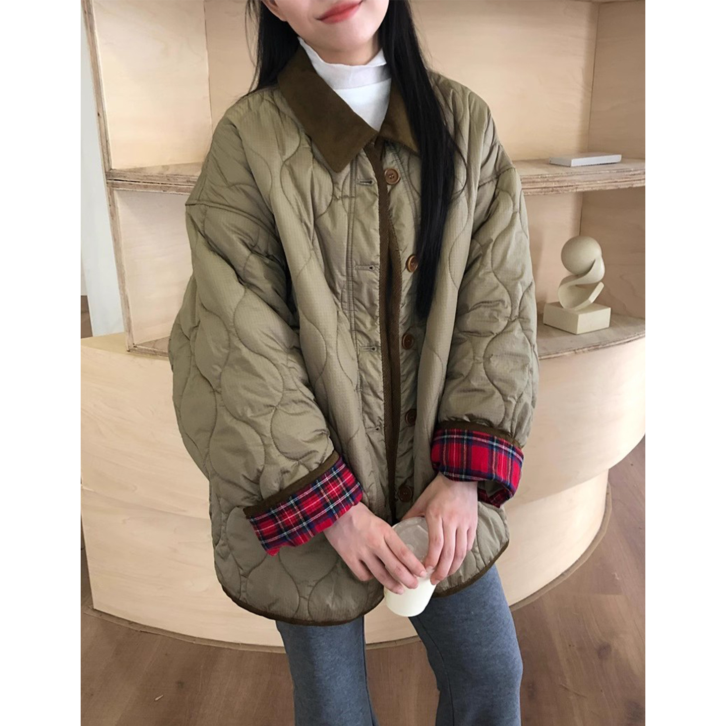 复古翻领内里格纹波浪纹棉服外套