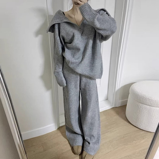 时尚套装海军领半拉链软糯毛衣女2025冬季新款慵懒风高腰针织长裤