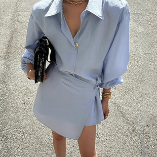 良良家设计感不规则系带衬衫式连衣裙女夏季新款法式气质收腰短裙
