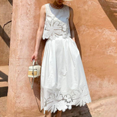 良良家设计感别致刺绣提花背心衬衫 高腰百褶半身裙套装 女夏季 新款