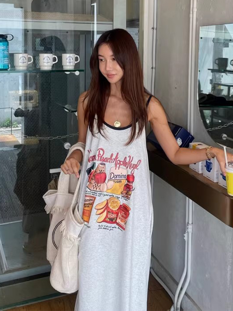 卡通图案印花设计宽松吊带连衣裙